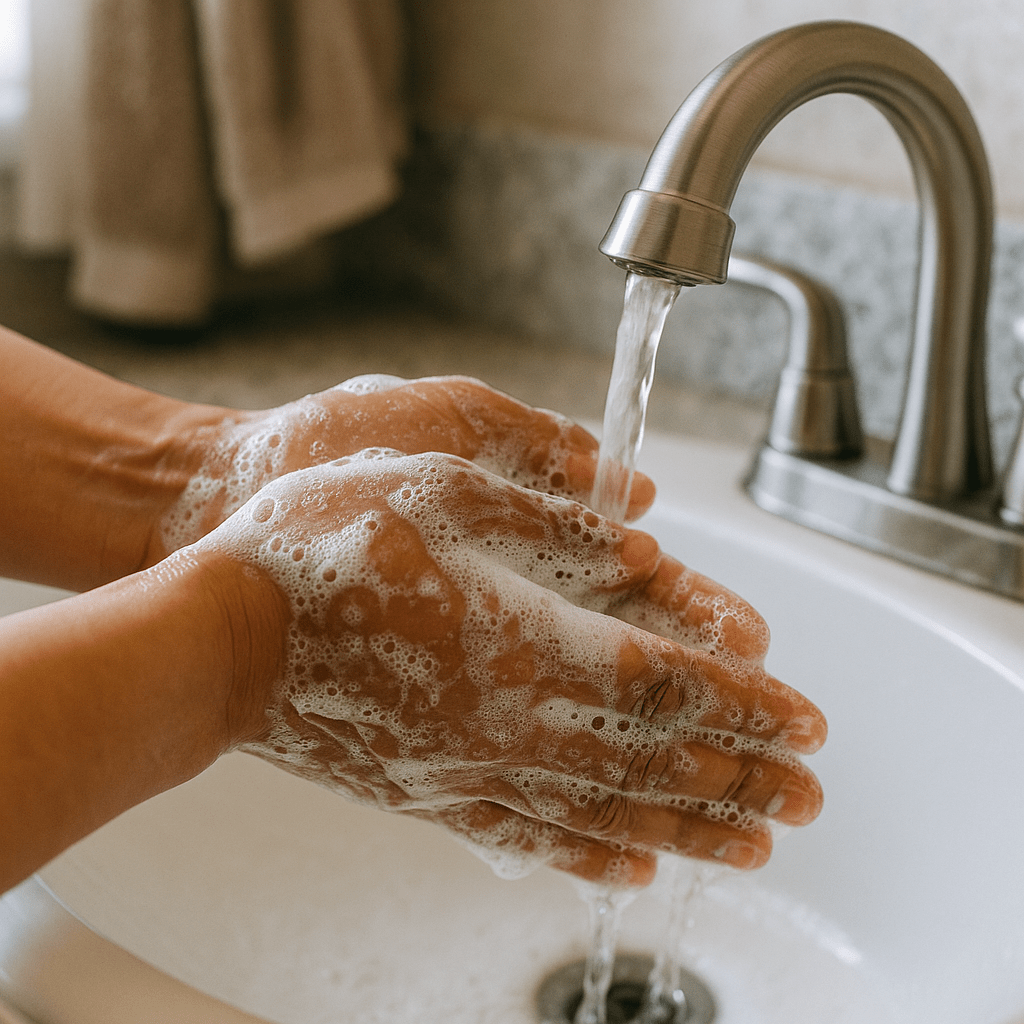 올바른 6단계 손 씻기 방법을 보여주는 노로바이러스 예방 인포그래픽