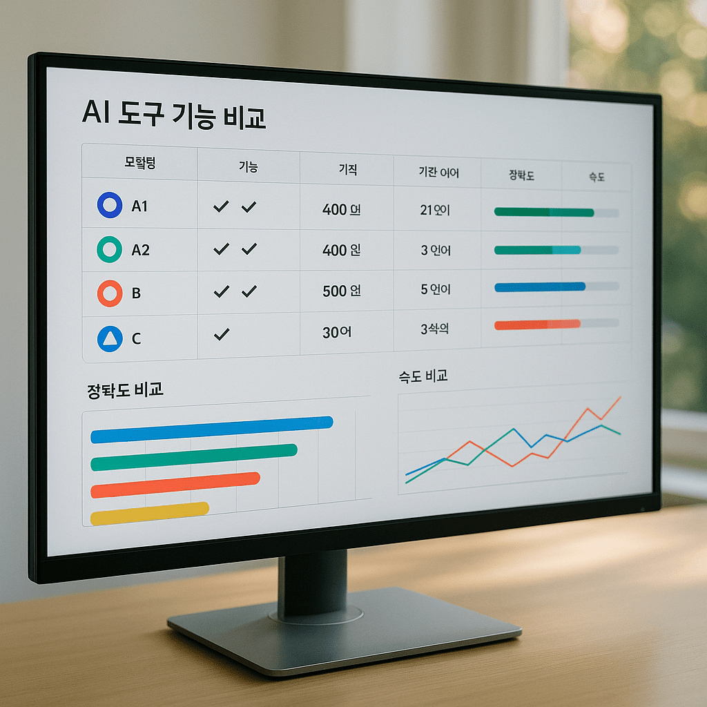 다양한 AI 도구들의 기능 비교 차트와 그래프가 표시된 화면