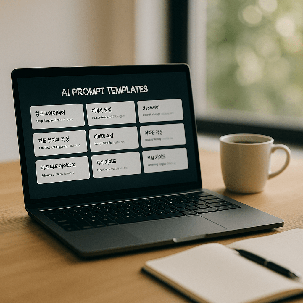 노트북 화면에 AI 프롬프트 템플릿이 표시되고 커피와 노트가 놓인 작업 공간, 생산성 도구 활용 모습