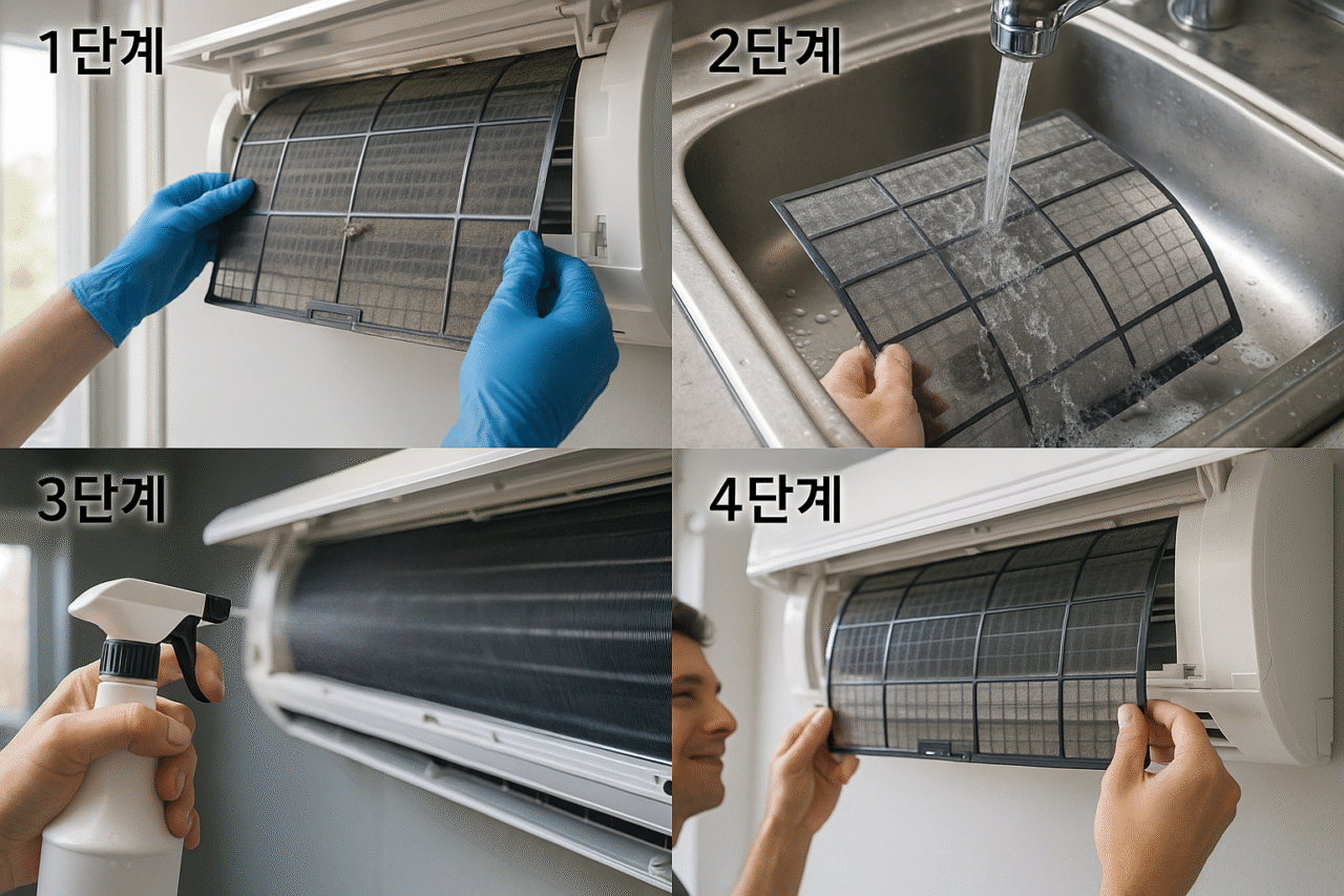 에어컨 필터를 분해하여 물로 세척하고 냉각핀에 세정제를 분사하는 셀프 청소 단계별 가이드 이미지