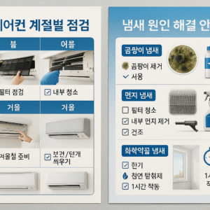 에어컨 관리 루틴을 계절별로 정리한 일정표와 냄새 유형별 해결 방법 인포그래픽