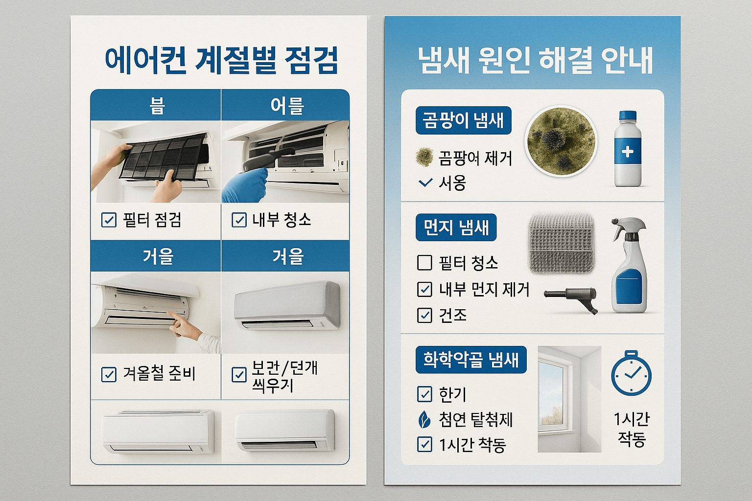 에어컨 관리 루틴을 계절별로 정리한 일정표와 냄새 유형별 해결 방법 인포그래픽