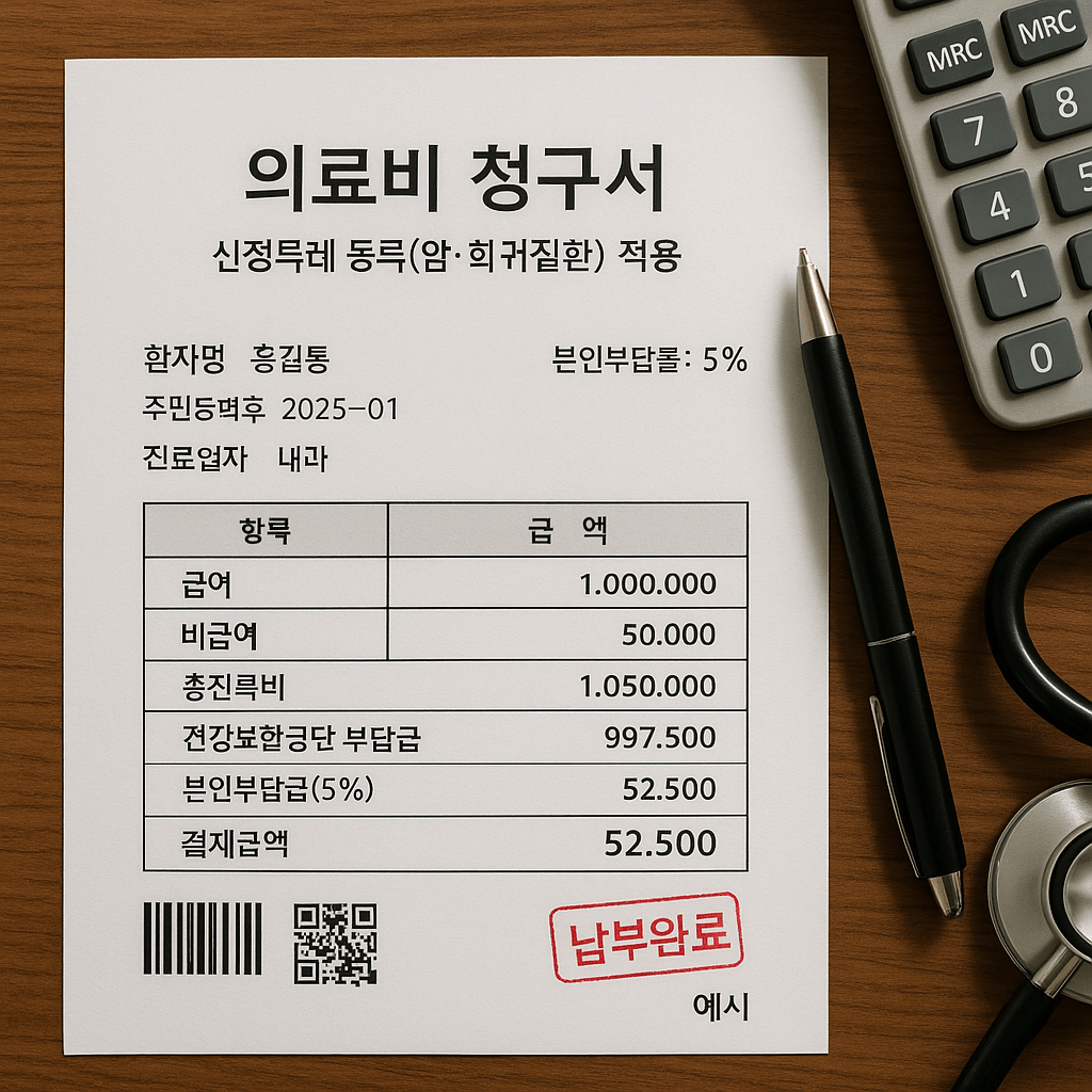 산정특례 등록 후 본인부담률 5%로 줄어든 의료비 청구서 예시