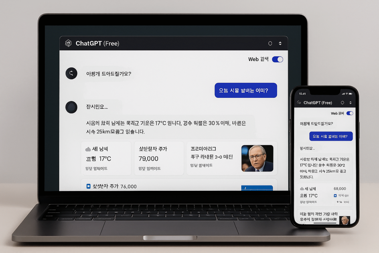 ChatGPT 무료 버전 웹 검색 기능 활용 화면 및 실시간 정보 검색 예시