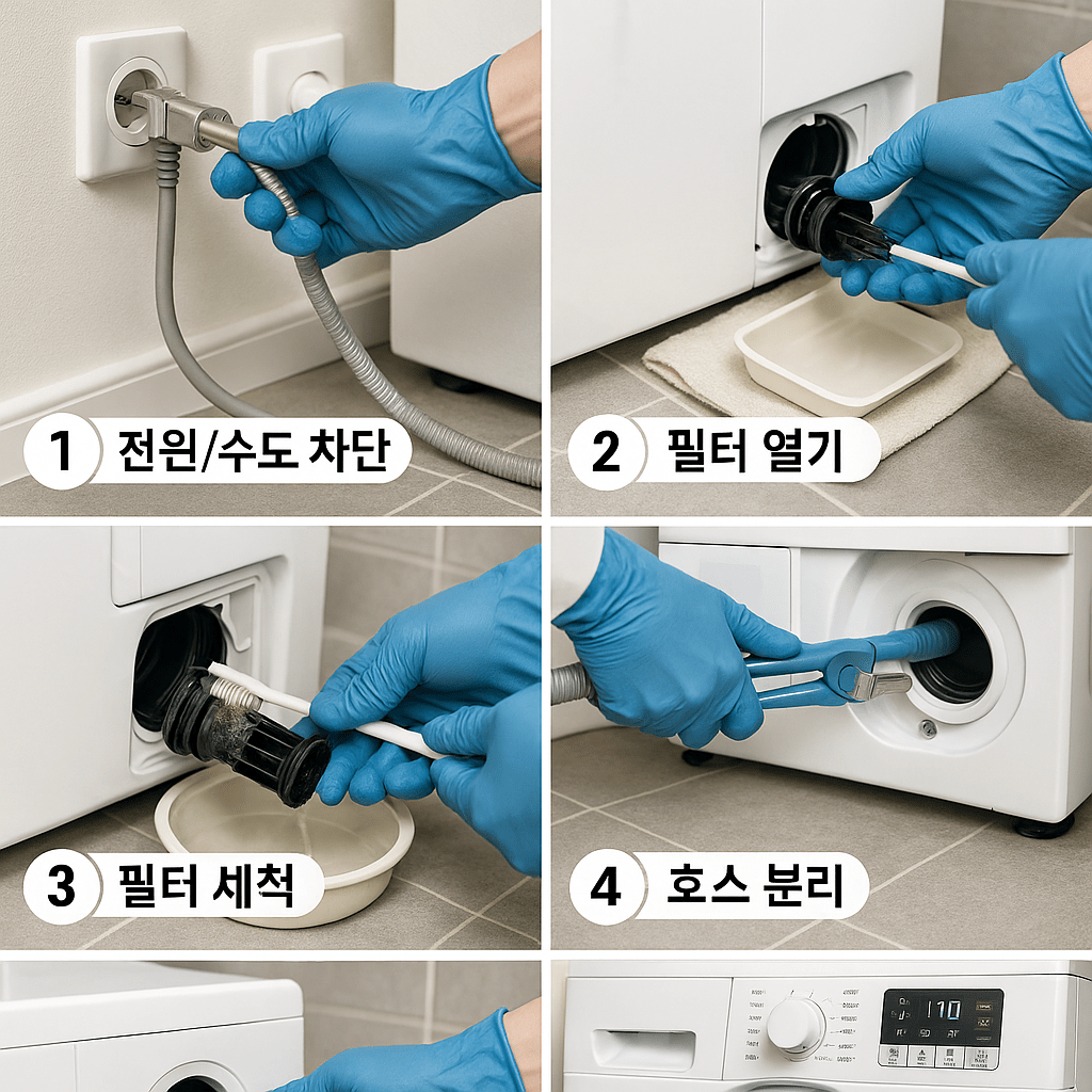 세탁기 배수구 필터 청소와 호스 분리 작업 실전 가이드 - 5단계 해결법 시각화