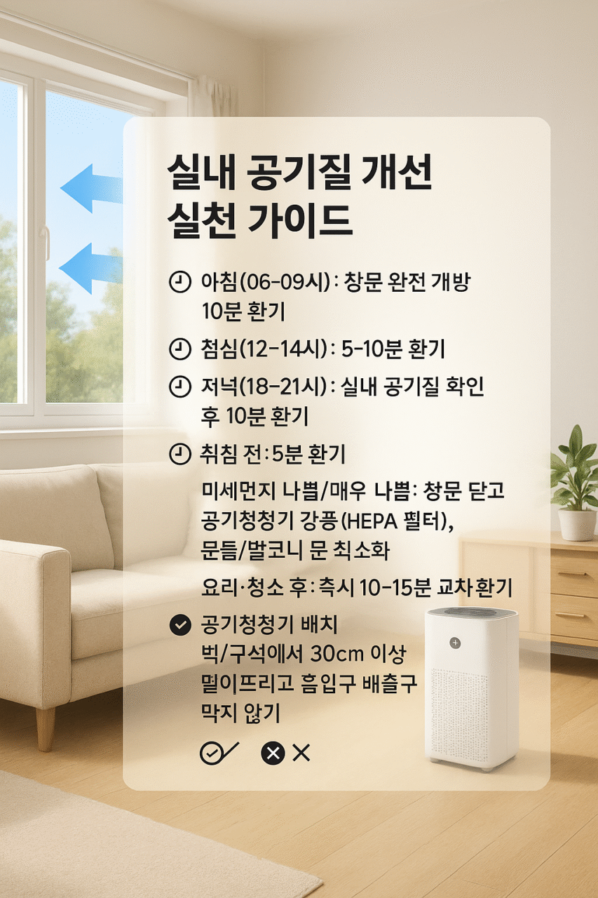 창문을 통한 환기와 공기청정기 배치를 보여주는 실내 공기질 개선 실천 장면 및 시간대별 환기 가이드