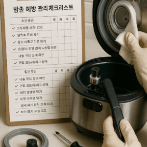 밥솥 예방 관리 주간 월간 청소 루틴 체크리스트 - 고무패킹 압력추 손잡이 점검 가이드
