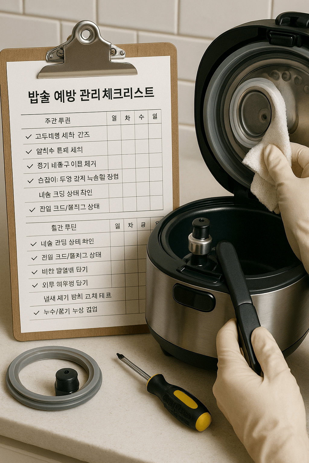 밥솥 예방 관리 주간 월간 청소 루틴 체크리스트 - 고무패킹 압력추 손잡이 점검 가이드