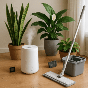 공기정화 식물과 가습기가 배치되고 물걸레 청소 도구가 준비된 실내 공기질 관리 종합 세팅 모습