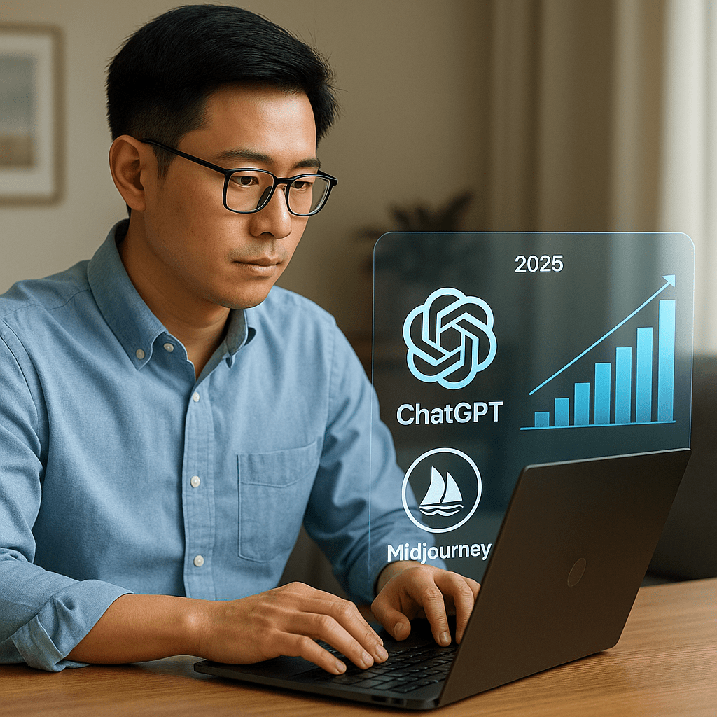  AI 부업으로 노트북 작업하는 직장인과 수익 차트 그래픽, 2025년 최신 ChatGPT 미드저니 로고 포함