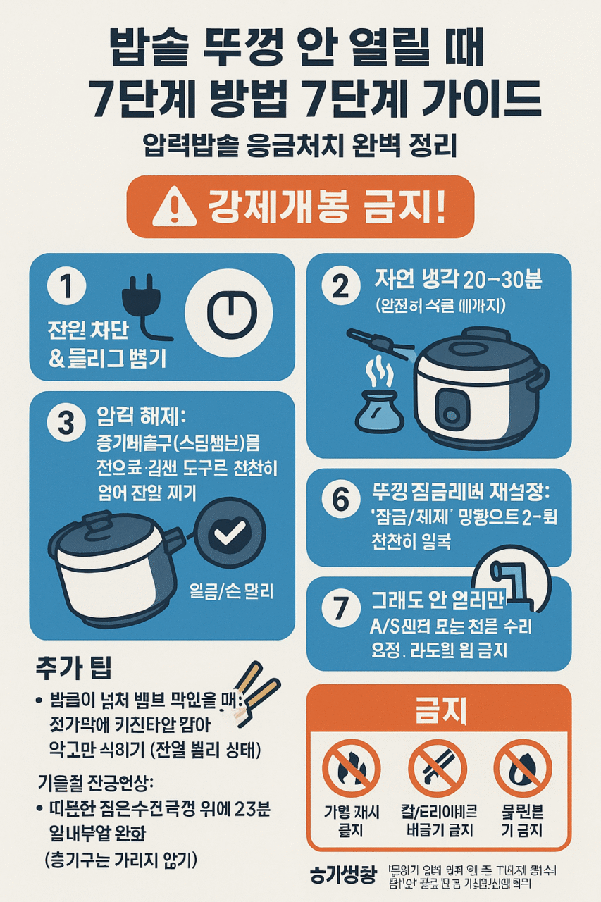 밥솥 뚜껑 안열릴 때 해결 방법 7단계 가이드 - 압력밥솥 응급처치 완벽 정리 인포그래픽