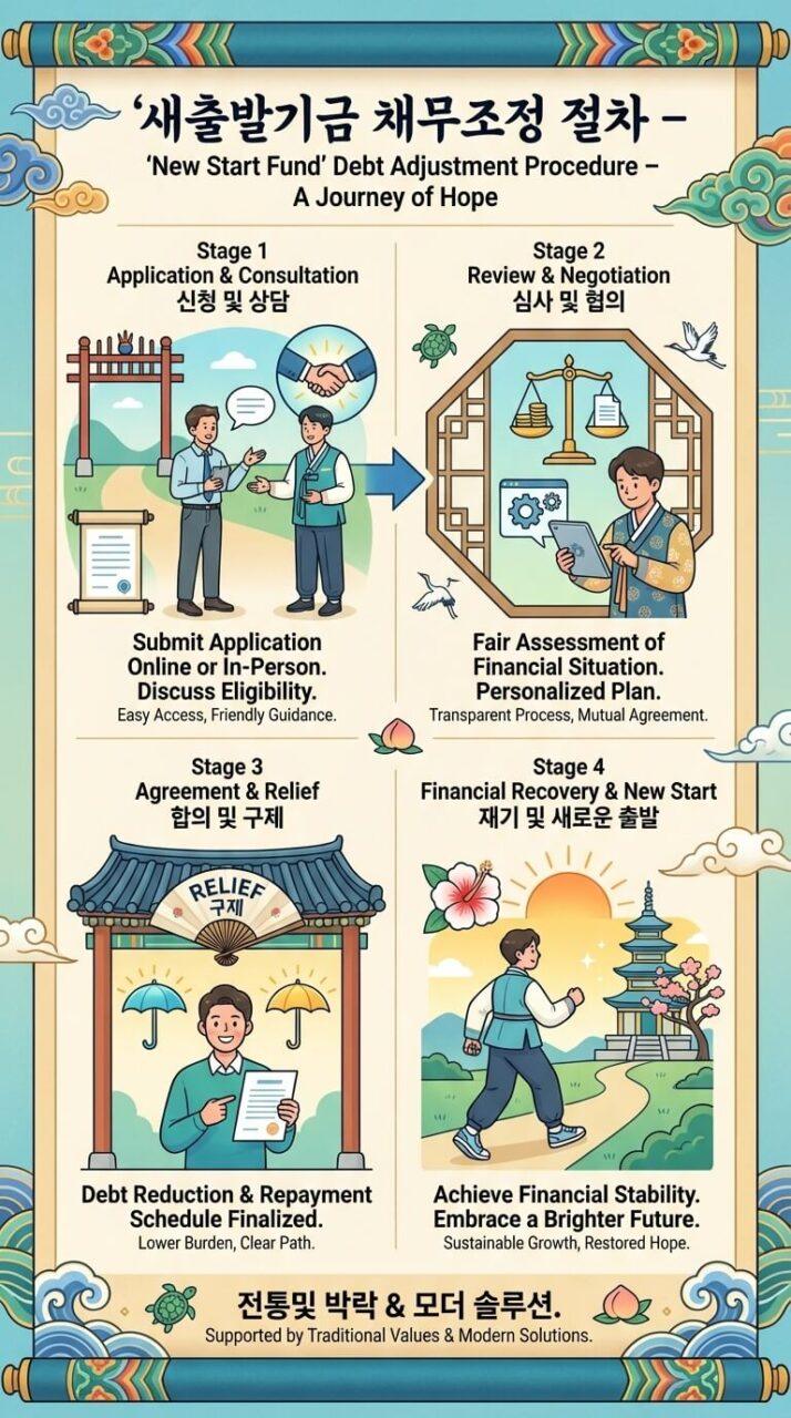 새출발기금 채무조정 절차를 보여주는 단계별 인포그래픽