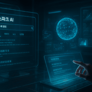 젠스파크 AI 검색 엔진 인터페이스와 홀로그램 디스플레이를 보여주는 미래형 디지털 작업 공간