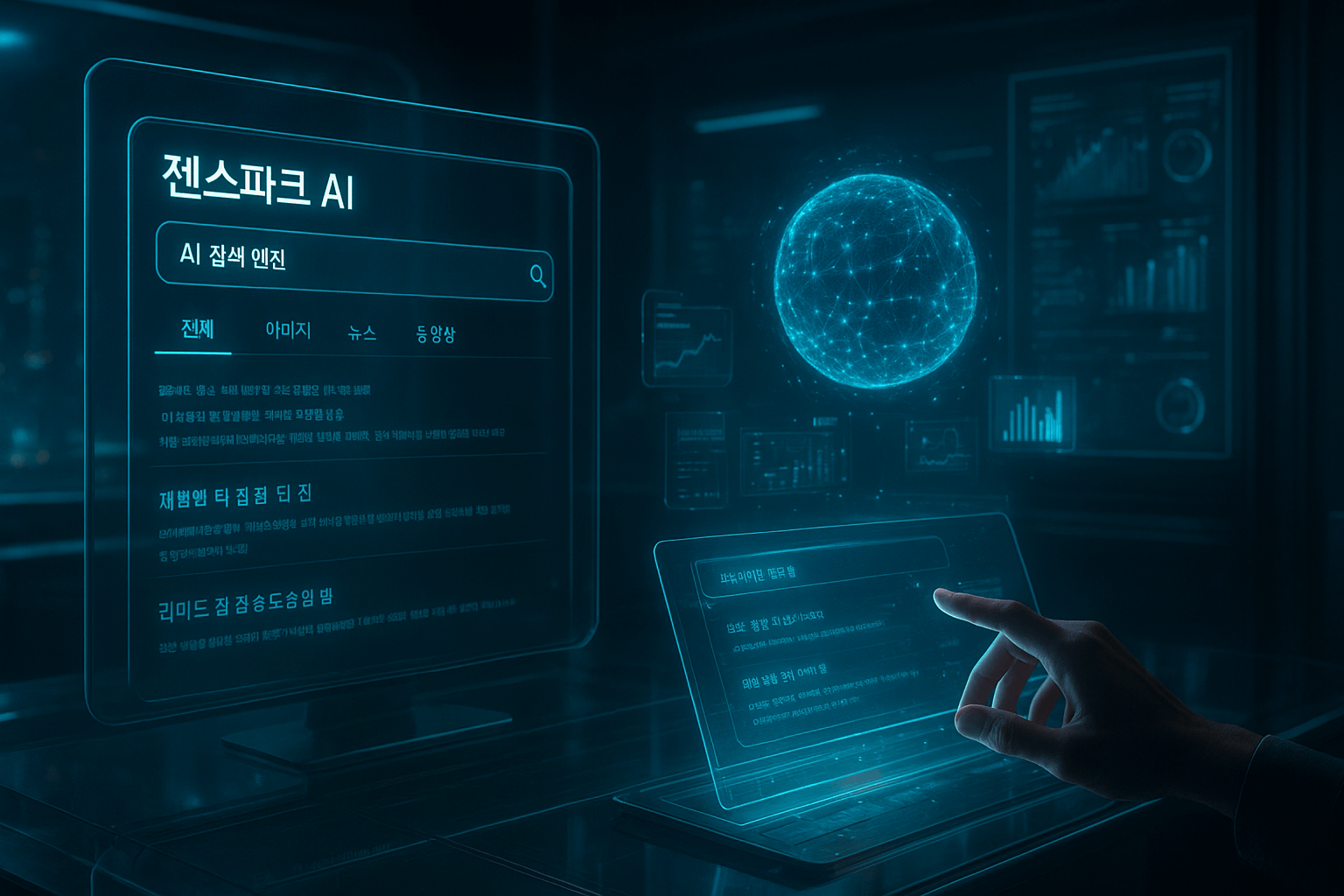 젠스파크 AI 검색 엔진 인터페이스와 홀로그램 디스플레이를 보여주는 미래형 디지털 작업 공간