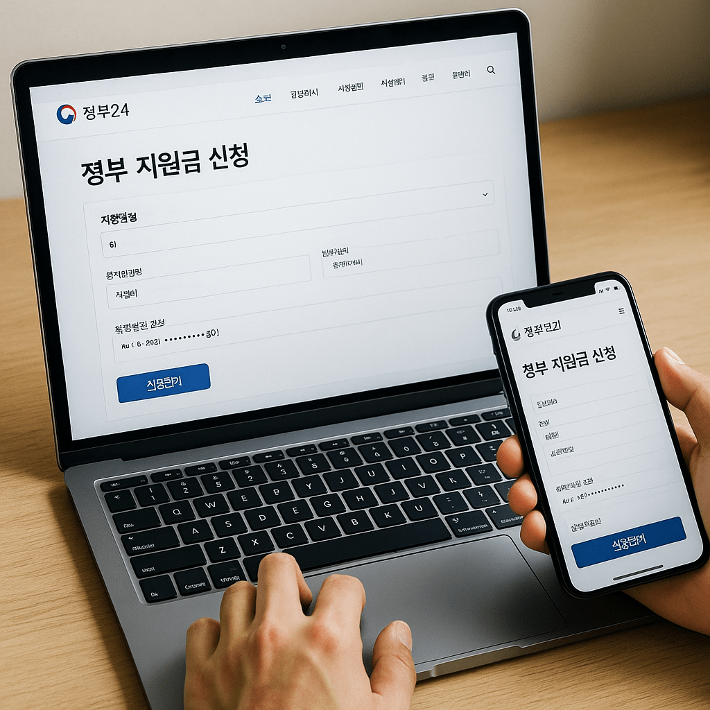 정부 지원금 신청 가이드, 정부24 화면