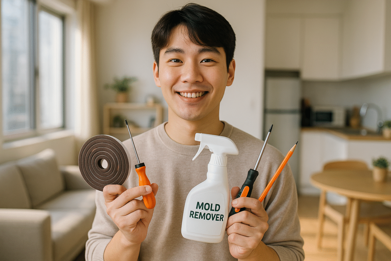 자취생이 집 안에서 창문 외풍 차단, 욕실 곰팡이 제거, 콘센트 수리, 문 소음 제거를 직접 하는 밝은 분위기의 DIY 작업 모습