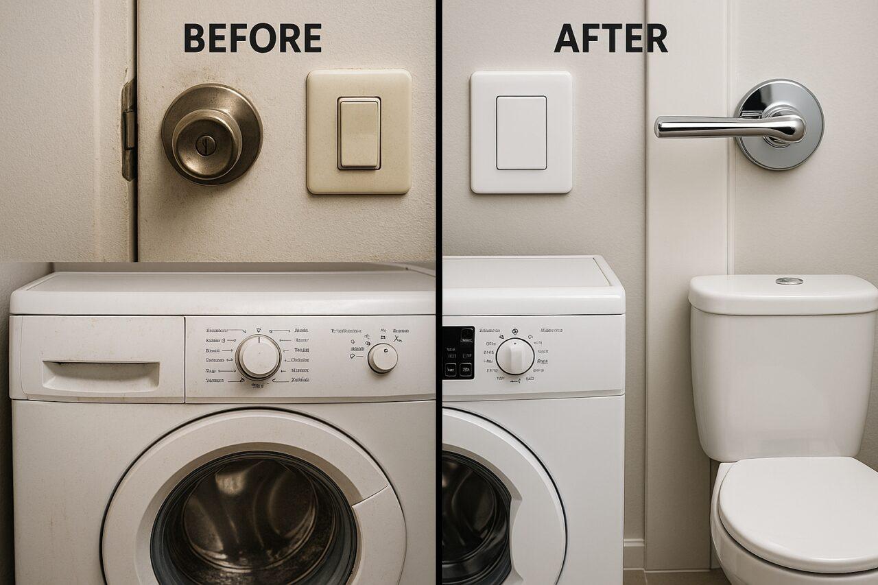 집수리 전후 비교 - 문 손잡이 전등 스위치 세탁기 변기