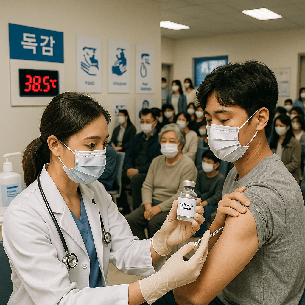 마스크 쓴 환자들이 대기하는 한국 병원에서 여성 의사가 남성에게 독감 백신을 접종하는 장면, 독감 유행 대비