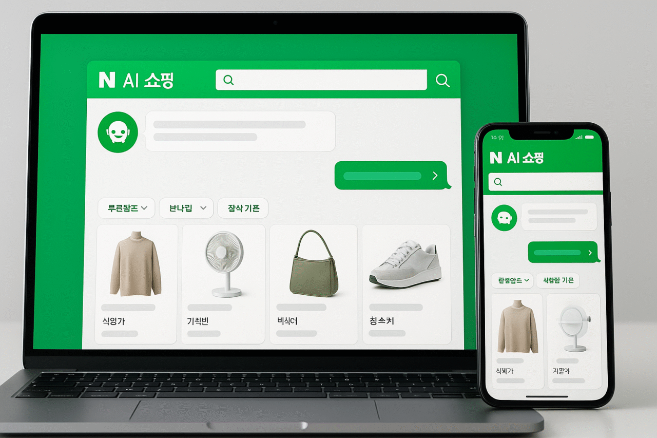 네이버 AI 쇼핑 메인 화면과 검색 인터페이스를 보여주는 스크린샷