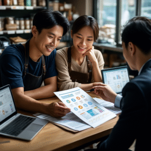 소상공인 지원금 메인 이미지, 가게 운영하는 사장님과 지원금 안내