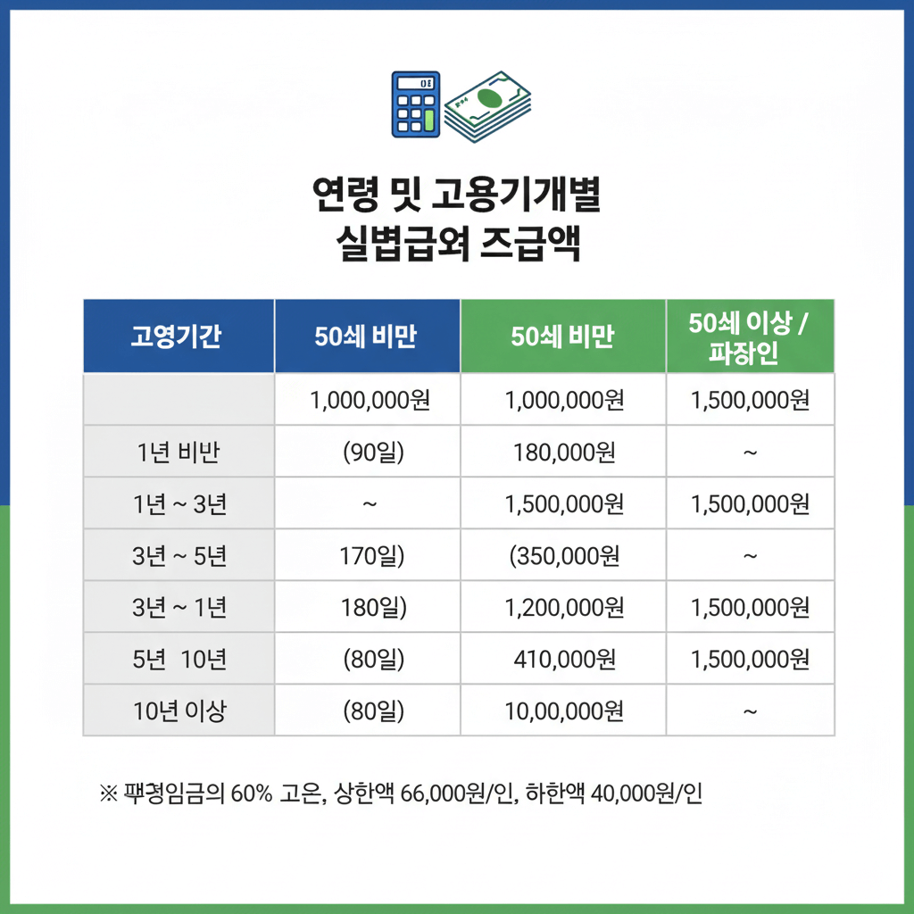 연령별 근무기간별 실업급여 지급액 비교 차트