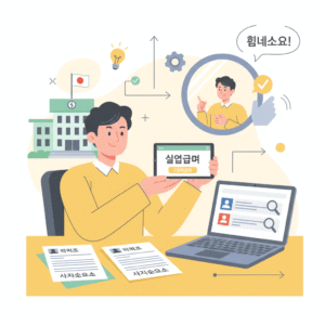 실업급여를 받으며 구직활동을 하는 구직자의 모습과 고용보험 지원 시스템