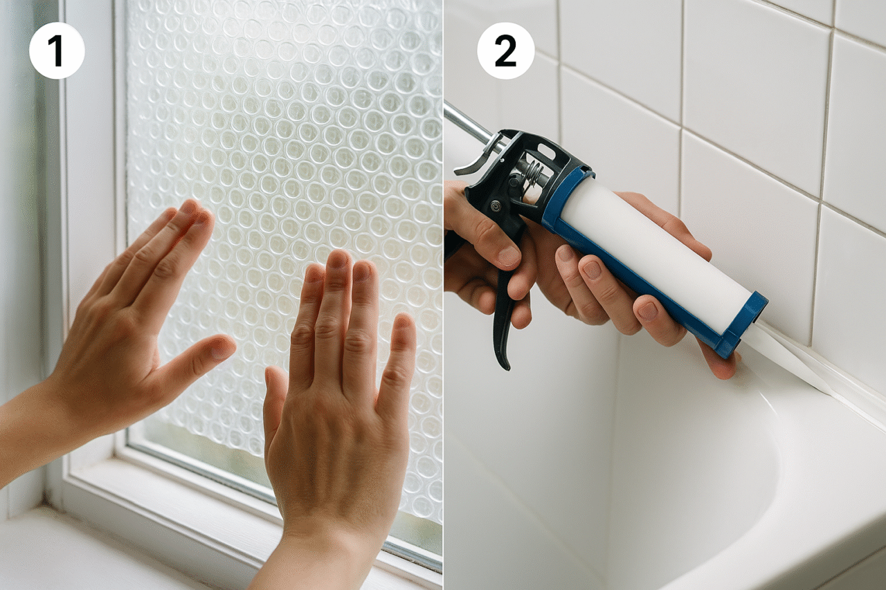 창문에 뽁뽁이를 붙이고 욕실 실리콘을 새로 바르는 자취생의 DIY 작업 실전 모습, 단계별 가이드 포함