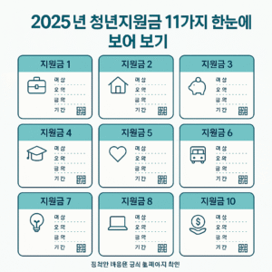 2025년 청년지원금 11가지 종류를 한눈에 보여주는 인포그래픽 이미지