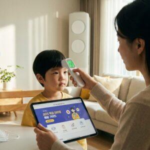 2025년 독감 대유행 예방을 위해 아이의 체온을 재는 엄마