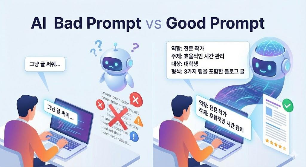 "AI 프롬프트의 나쁜 예시와 좋은 예시를 비교하는 인포그래픽 이미지. 왼쪽의 나쁜 예시에서는 사용자가 '그냥 글 써줘...'라고 모호하게 입력하여 AI가 혼란스러워하고 엉뚱한 결과를 내는 모습을 보여줍니다. 반면 오른쪽의 좋은 예시에서는 사용자가 역할, 주제, 대상, 형식을 구체적으로 명시한 프롬프트를 입력하여 AI가 성공적이고 질 높은 결과물을 제공하는 모습을 대조적으로 보여줍니다."