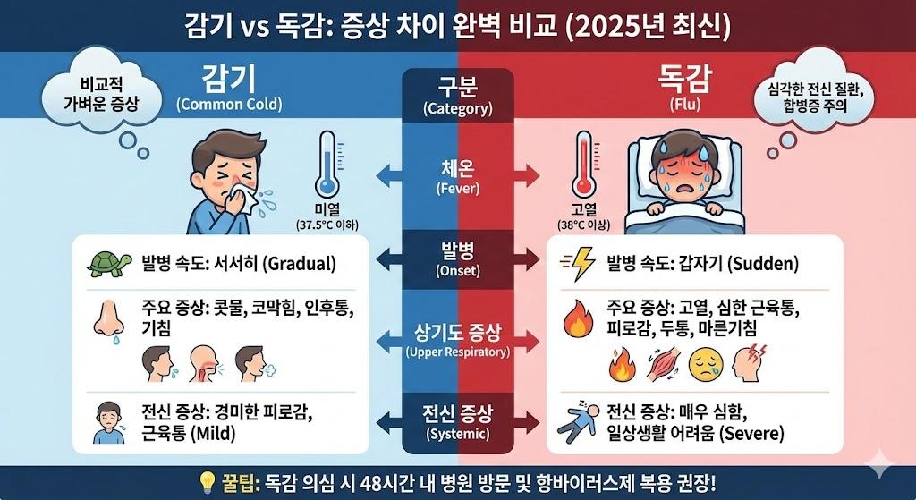 감기와 독감 증상 차이 비교 인포그래픽
