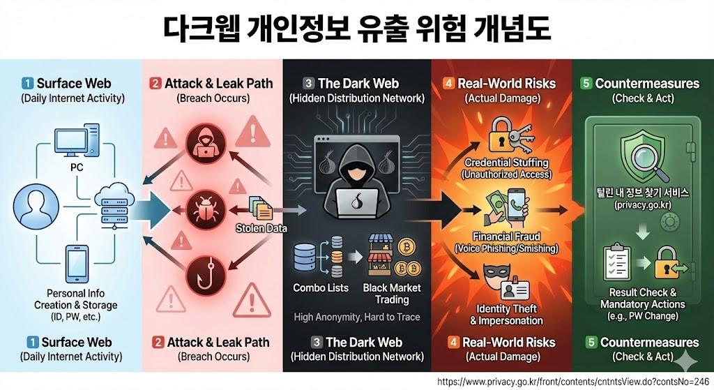 다크웹 정보 유출 위험 개념도