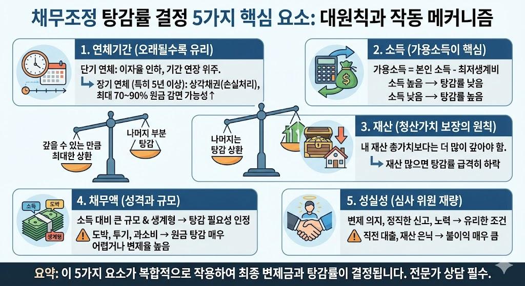 채무조정 탕감률 결정 5가지 요소 - 연체기간, 소득, 재산, 채무액, 성실성