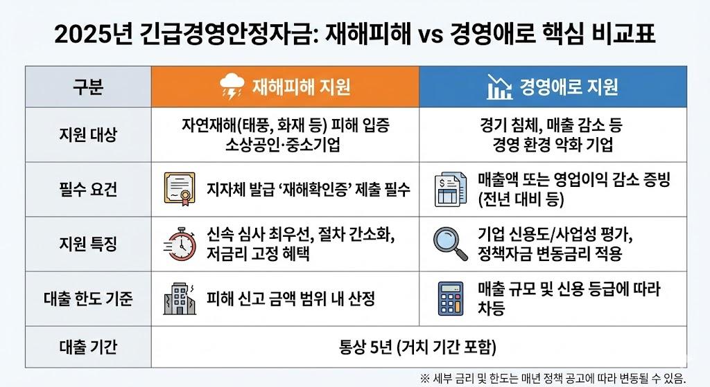  긴급경영안정자금 재해피해 vs 경영애로 비교표
