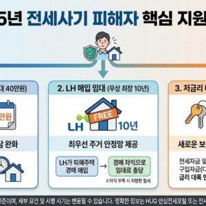 전세사기 피해자 지원금 2025 - 월세 40만원, LH무상 10년, 저금리 대출 지원 인포그래픽