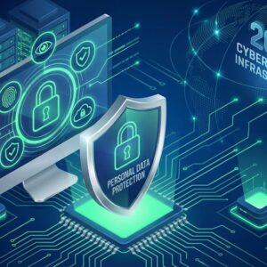 파란색 보안 방패와 자물쇠 아이콘이 있는 개인정보 보호 개념 일러스트로, 컴퓨터 화면에 개인정보 데이터 보호 기호와 디지털 보안 네트워크가 표시되어 있으며, 현대적인 사이버보안 테마의 2025년 개인정보보호포털 홍보 이미지