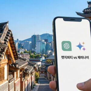 전통 한옥과 현대식 빌딩이 어우러진 한국의 도시 풍경을 배경으로, 스마트폰 화면에 '챗지피티 vs 제미나이'라는 문구와 함께 두 AI 서비스의 로고가 나란히 경쟁하듯 표시된 모습입니다."