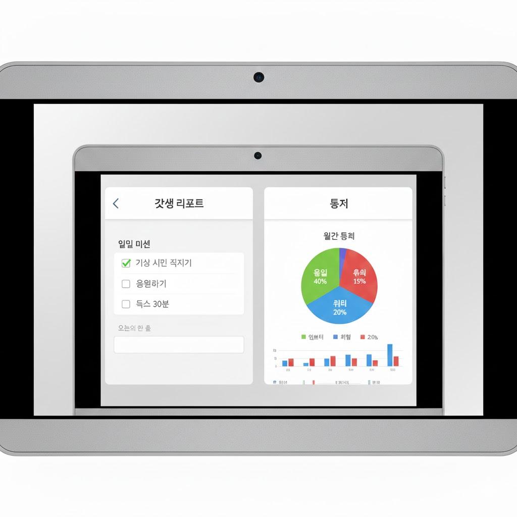 갓생 리포트 탭과 통계 탭을 함께 보여주는 화면, 일일 미션 체크박스와 월간 통계 파이차트가 있음