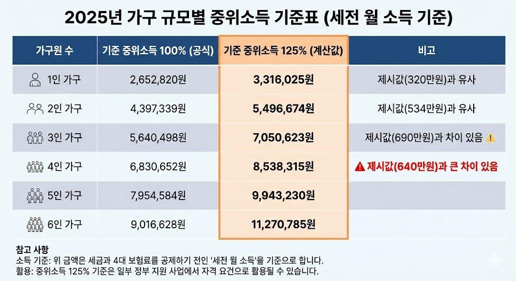 2025년 중위소득 125% 소득 기준 - 1인 320만원, 2인 534만원, 3인 690만원, 4인 640만원