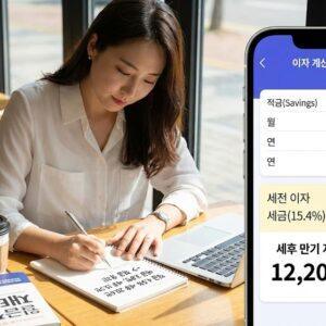 이자 계산기로 적금과 예금의 세후 실수령액을 정확하게 계산하는 모습