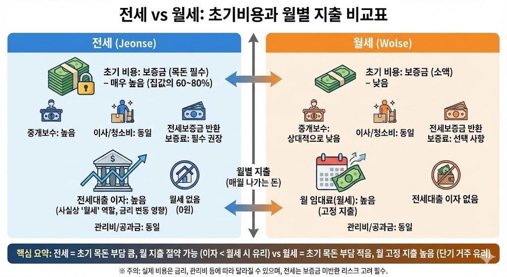 전세와 월세의 초기비용과 월별 지출 비교표