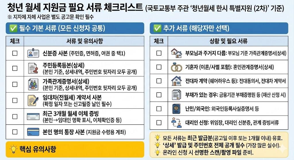 청년 월세 지원금 신청에 필요한 7-8가지 서류를 체크리스트 형식으로 나타낸 
인포그래픽으로, 주민등록증, 월세 신청서, 소득·재산 신고서, 임대차계약서,
월세 이체 증빙, 통장 사본, 청약통장 사본, 각 서류 옆에 
초록색 체크마크가 있는 체계적인 서류 준비 리스트