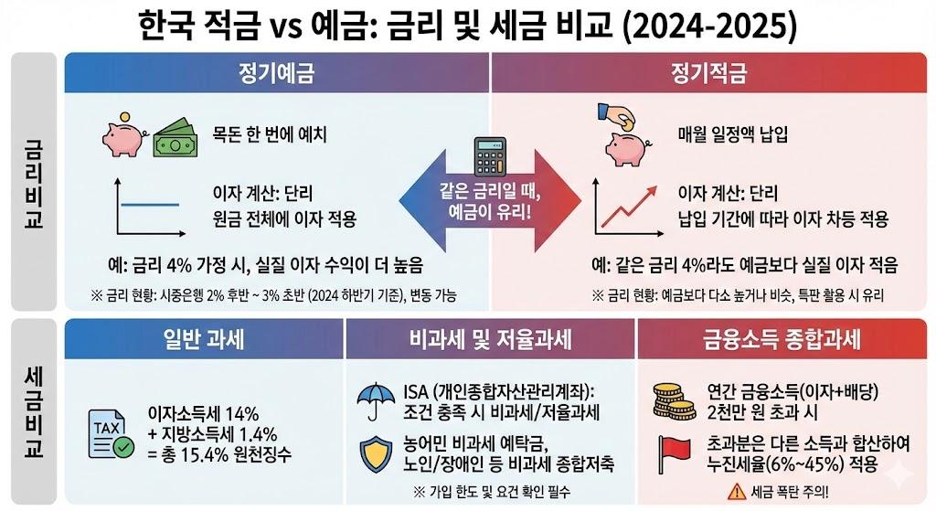 적금과 예금의 금리 및 세금 비교 인포그래픽