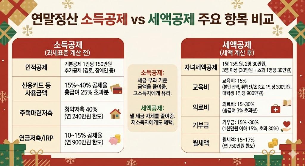 연말정산 소득공제와 세액공제 주요 항목을 비교한 표와 공제율 안내 이미지