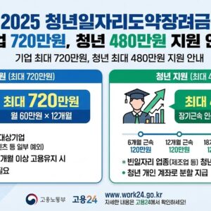 2025년 청년일자리도약장려금 기업 720만원 청년 480만원 지원 안내 인포그래픽