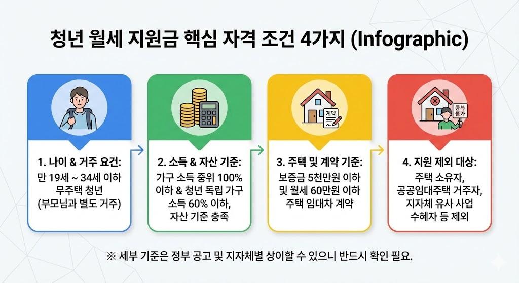 청년 월세 지원금의 4가지 필수 자격 조건을 나타낸 인포그래픽으로,
1번 상자는 연령(19-39세), 2번은 무주택, 3번은 독립거주, 4번은 소득기준,
각각 체크마크와 관련 아이콘이 있는 파란색 테마의 조건 확인 차트