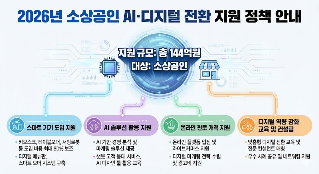 2026년 소상공인 AI·디지털 전환 지원 정책 완벽 가이드 | 144억원 AI활용 + 스마트공장 + 온라인판로 지원!