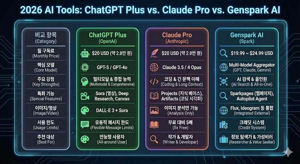 2026년 AI 도구 완벽 비교: ChatGPT vs Claude vs 젠스파크 뭐가 제일 좋을까?