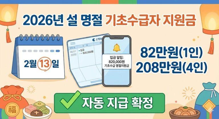 2026년 설 명절 기초수급자 생계급여 2월 13일 조기 지급 82만원~208만원
