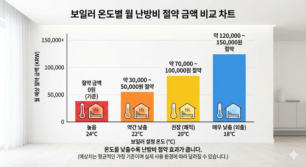 보일러 온도별 월 난방비 절약 금액 비교 차트